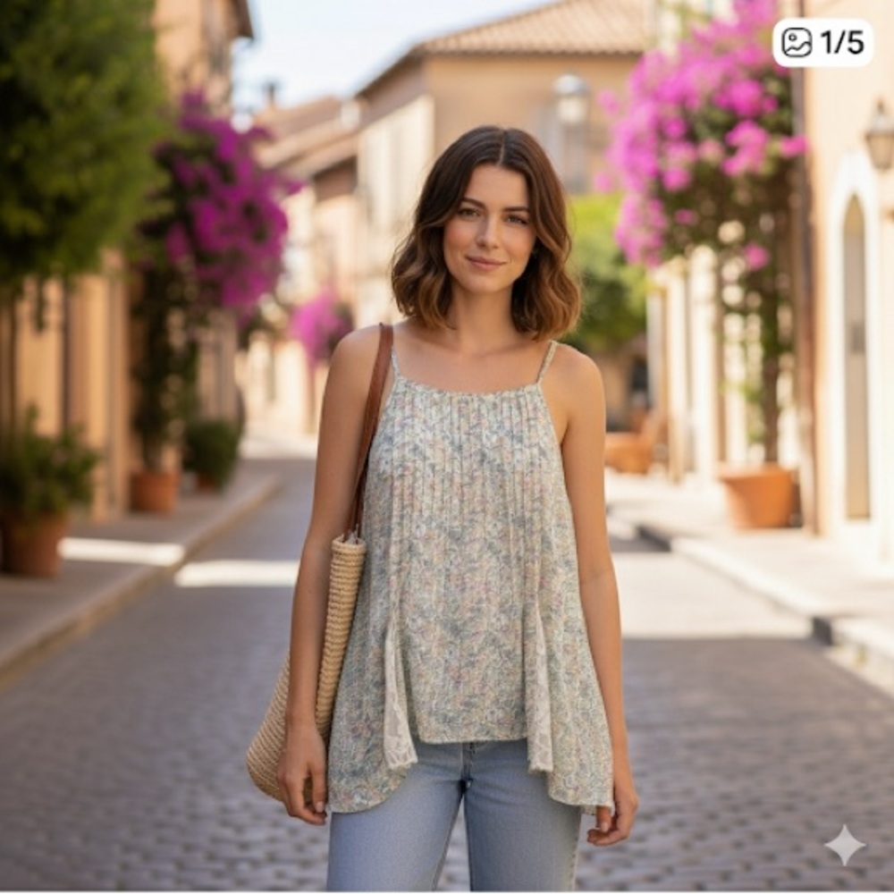 Free People floral flow, top with lace inset. Size L